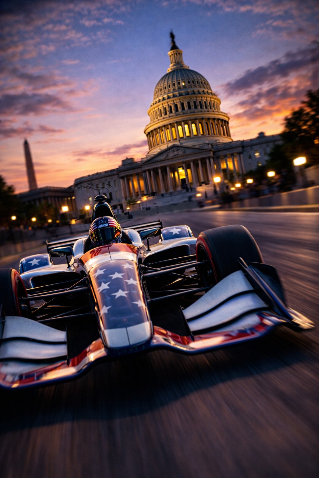 Capitol racecar at dusk