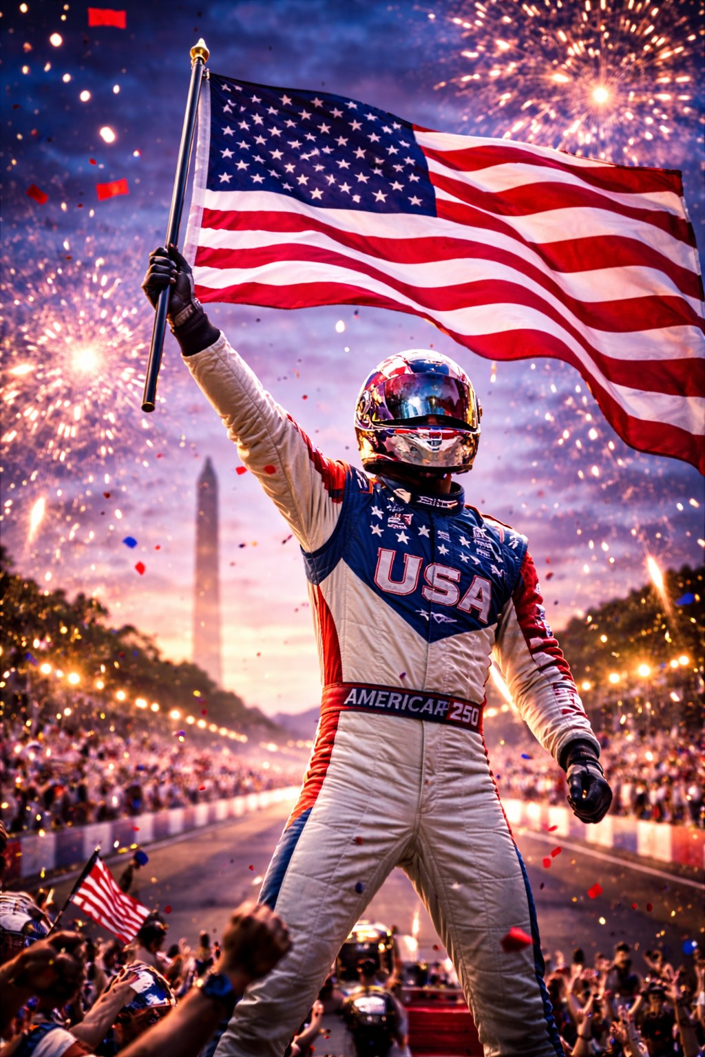 Freedom in the Thunder — Driver with American flag and fireworks